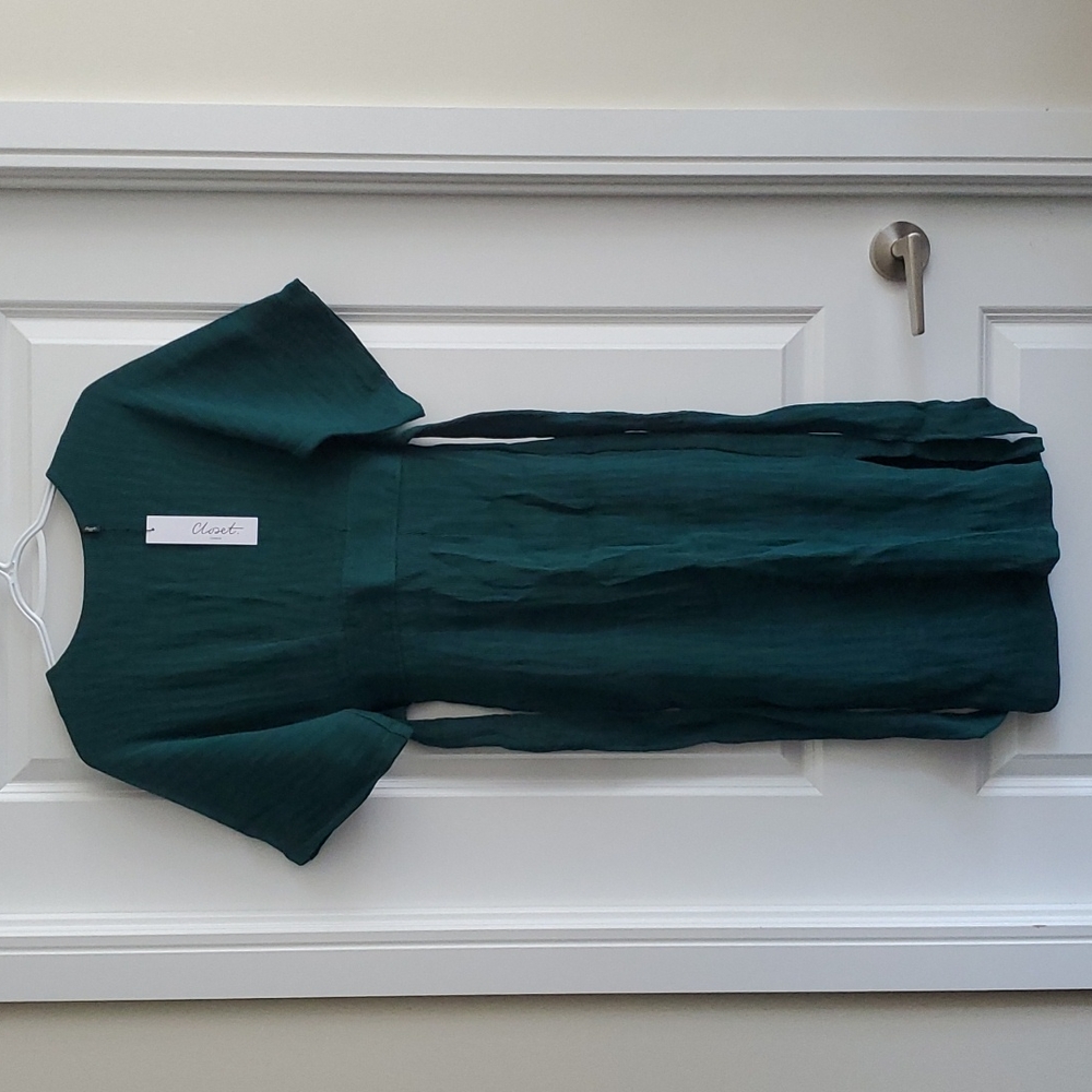 Closet London Ribbed Pencil Dress with Tie Belt in Emerald Green
